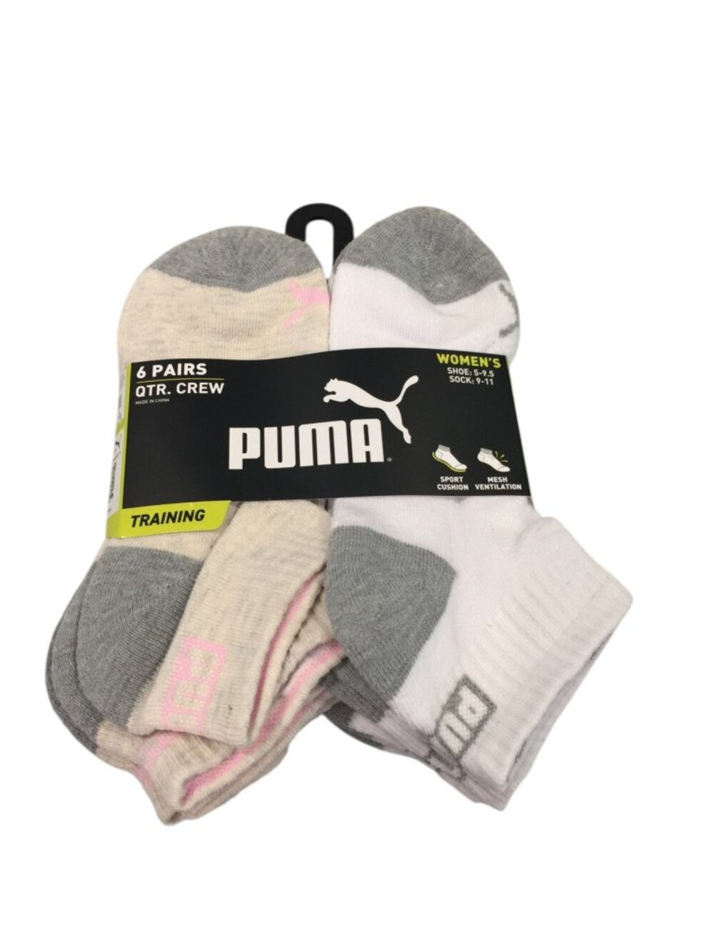 Puma Women's Training 5-9.5 Qtr Socks Set of 6 Oatmeal Gray White Pink